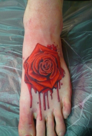 脚背原始彩绘红色玫瑰纹身图案