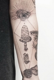 手臂线条蘑菇和眼睛几何植物纹身图案