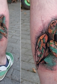 小腿彩绘线条风格乌龟纹身图案