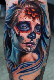 腿部彩色哭死的死亡女神纹身图案