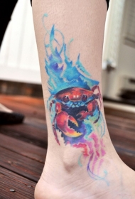 脚踝水彩泼墨螃蟹纹身图案