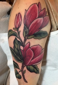 女性肩部彩色漂亮的花朵纹身图案