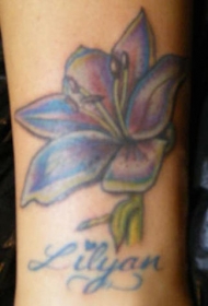 脚部彩色百合花与英文字母纹身图案
