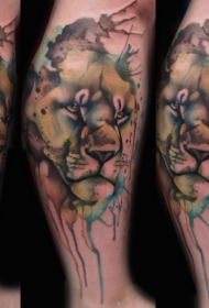 腿部水彩画风格有趣的狮子头纹身