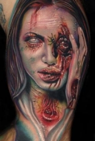 难以置信的恐怖僵尸女肖像纹身图案