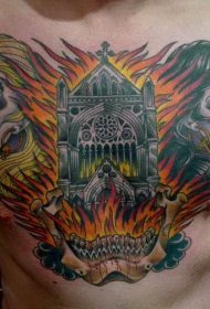 胸部old school彩色恶魔女人和燃烧的大教堂纹身图案