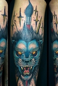 不可思议的彩色恶魔狮子和星星纹身图案
