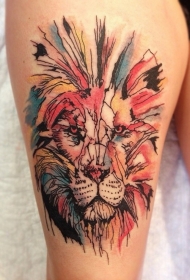 大腿彩绘狮子头像纹身图案