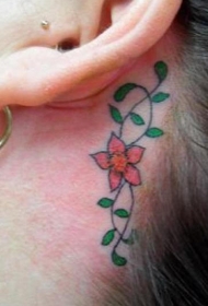 女性耳朵后根小清新彩色花朵纹身图案