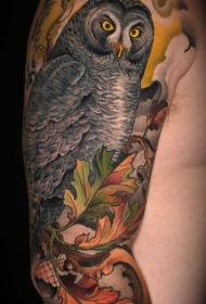 肩部逼真的彩色猫头鹰纹身图案