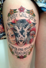 腿部彩色老派风格的农场动物纹身图案