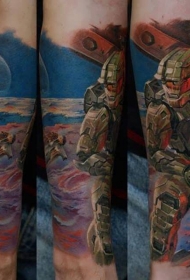 手臂彩色游戏主题太空士兵纹身图案