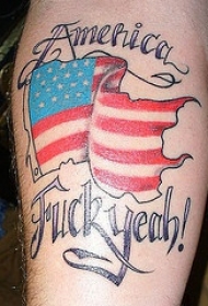 腿部彩色美国国旗与英文纹身图案