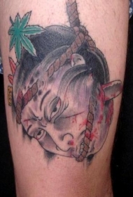腿部彩色死去的日本战士头纹身图片