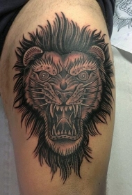 腿部棕色老派风格狮子头纹身图案