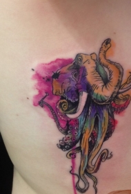腿部水彩色大象头与章鱼纹身图案
