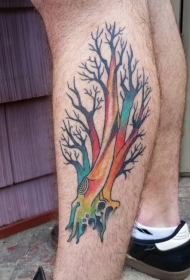 小腿华丽斑斓幻想树纹身图案