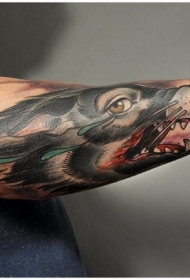 手臂彩色的血淋淋狼头纹身图案