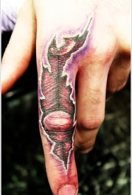手指上立体的肌肉撕裂个性纹身图案