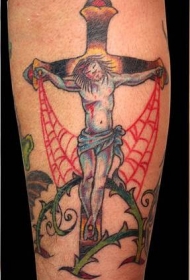 传统彩色受难的耶稣十字架纹身图案