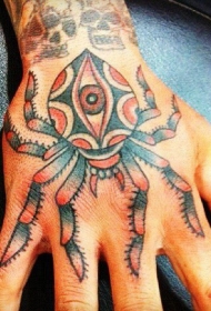 手背彩色蜘蛛与眼睛纹身图案