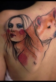 背部彩色插画风格悲伤狗和女人纹身图案