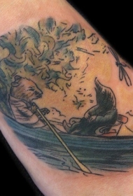 脚背旧货风格的彩色老鼠坐船纹身