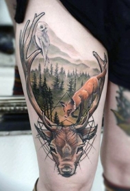 大腿自然世界生活的露狐狸猫头鹰纹身图案