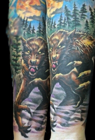 手臂彩绘邪恶狼人森林纹身图案