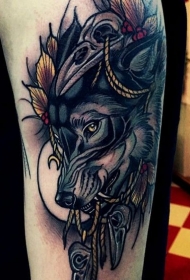 华丽的狼头与乌鸦头骨纹身图案