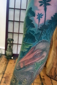 腿部彩色恐龙和森林纹身图案
