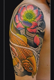 肩部日本传统的彩色鲤鱼纹身图案