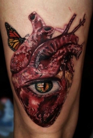 不安的心脏和眼睛蝴蝶写实纹身图案
