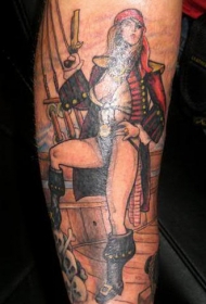 腿部彩色甲板上的裸体海盗女孩纹身