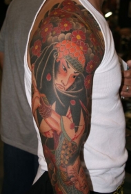 花臂彩色日本武士纹身图案
