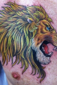 男性胸部怒吼的狮子头像纹身图案