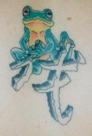 背部彩色青蛙与文字纹身图案