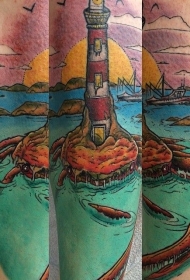彩色卡通灯塔和螃蟹纹身图案