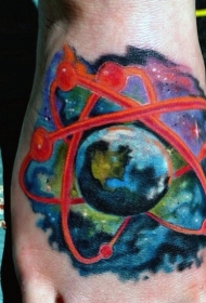 脚背水彩风格的地球小原子纹身图案