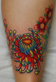 腿部彩色鲜艳的日本新花纹身图案