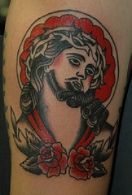 传统耶稣脸部和玫瑰纹身图案