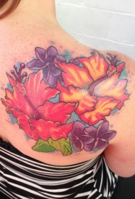 肩部彩色漂亮的木槿花纹身图案