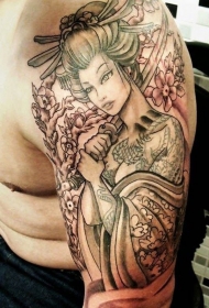 肩部水墨风格日系艺伎纹身图案