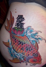 腿部彩色日本锦鲤鱼纹身图案