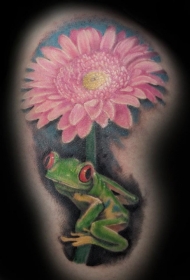 肩部彩色青蛙与花朵纹身图案