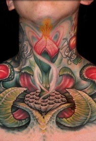 颈部奇特的彩色幻想花卉纹身图案