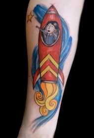 小臂卡通彩色男孩坐火箭纹身图案