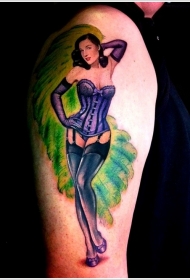 肩部彩色迷人的海报舞女纹身图案