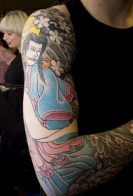花臂彩色日式艺妓全套纹身图案