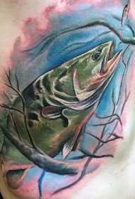 腰侧大写实彩色怪鱼纹身图案